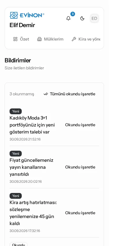 Mülk sahibi panelinde bildirimler ekranı